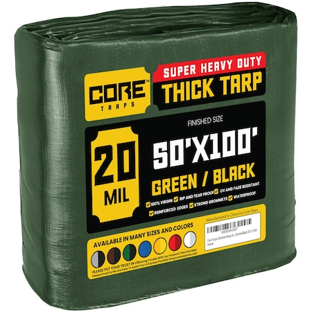 Core Tarps Heavy Duty Tarp, 100 ft L x 0.5 mm H x 50 ft W, 20 Mil, Green/Black, Polyethylene CT-703-50X100
